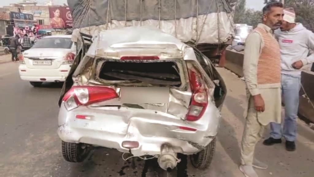 Malout Accident with students going to give papers car comes between two trucks serious injuries
